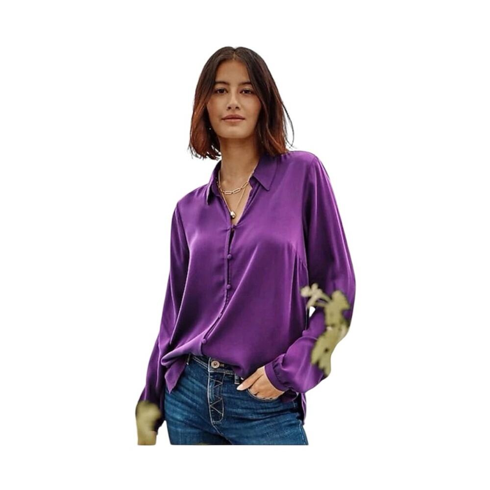J. Jill Purple Satiny Button-Up Blouse LG